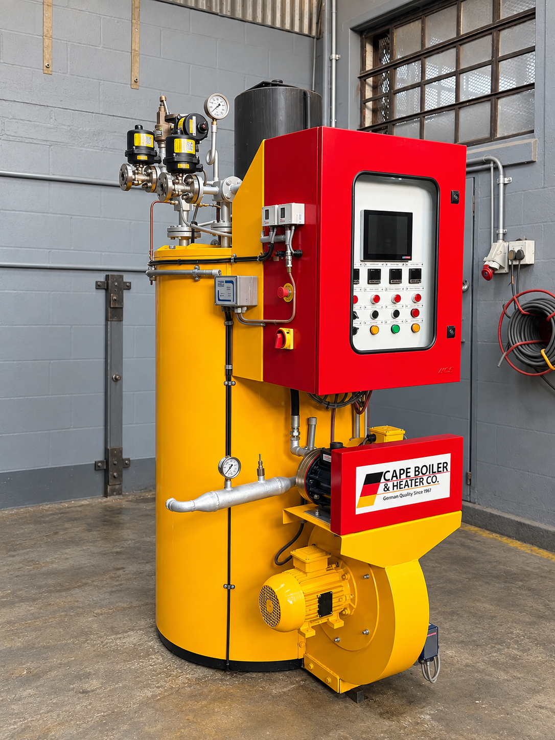 STEAMATIC industrial steam boiler with red Autoflame controls, burner and economiser installed in a well-maintained factory boiler room.