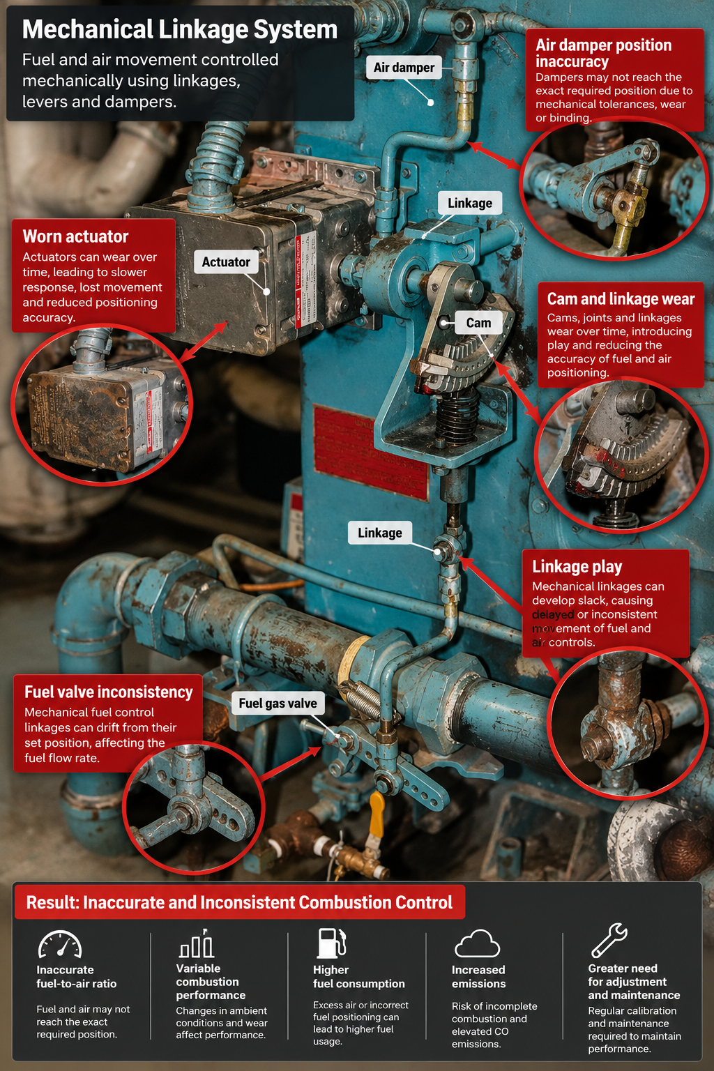Traditional industrial burner with mechanical fuel and air linkages, cams and actuator showing potential sources of wear, play and inaccurate combustion control.
